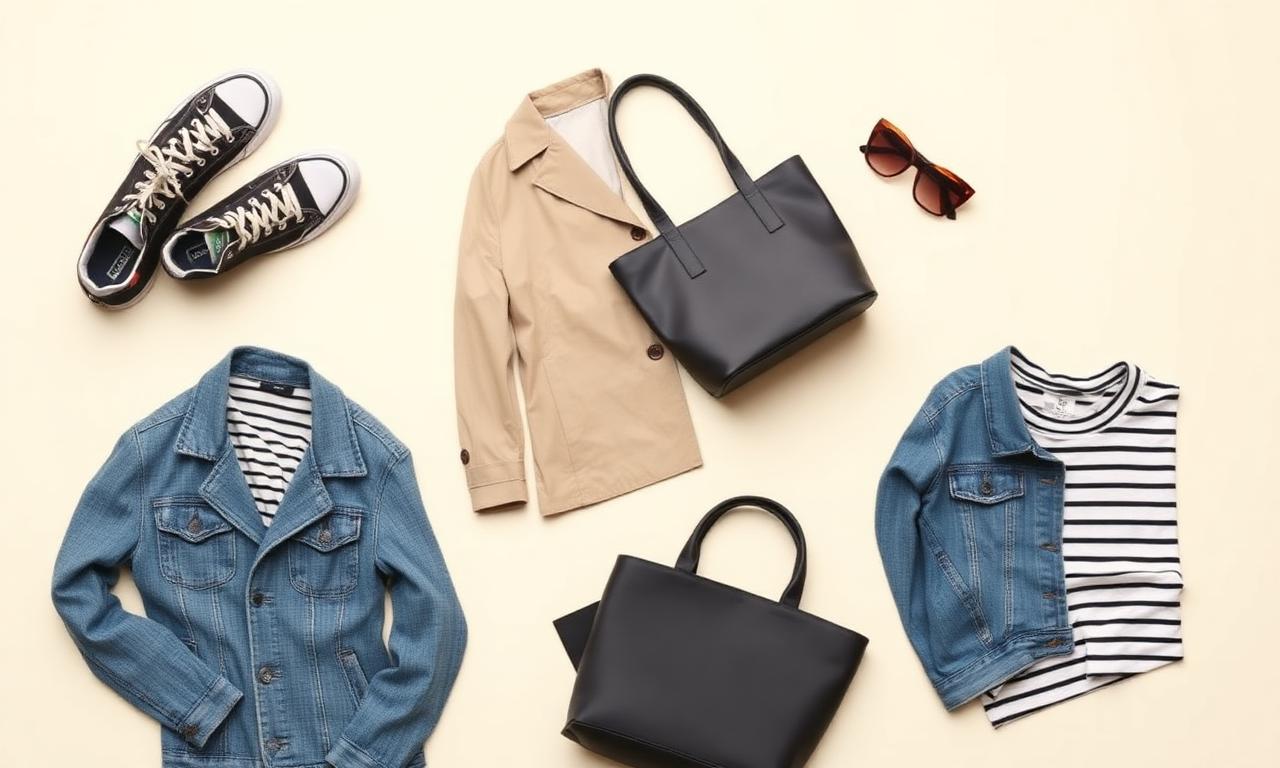 Flat lay of wardrobe items: sneakers, trench coat, denim jacket, tote bag, sunglasses, striped shirt